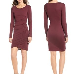 Leith Ruched Long Sleeve Dress in burgundy